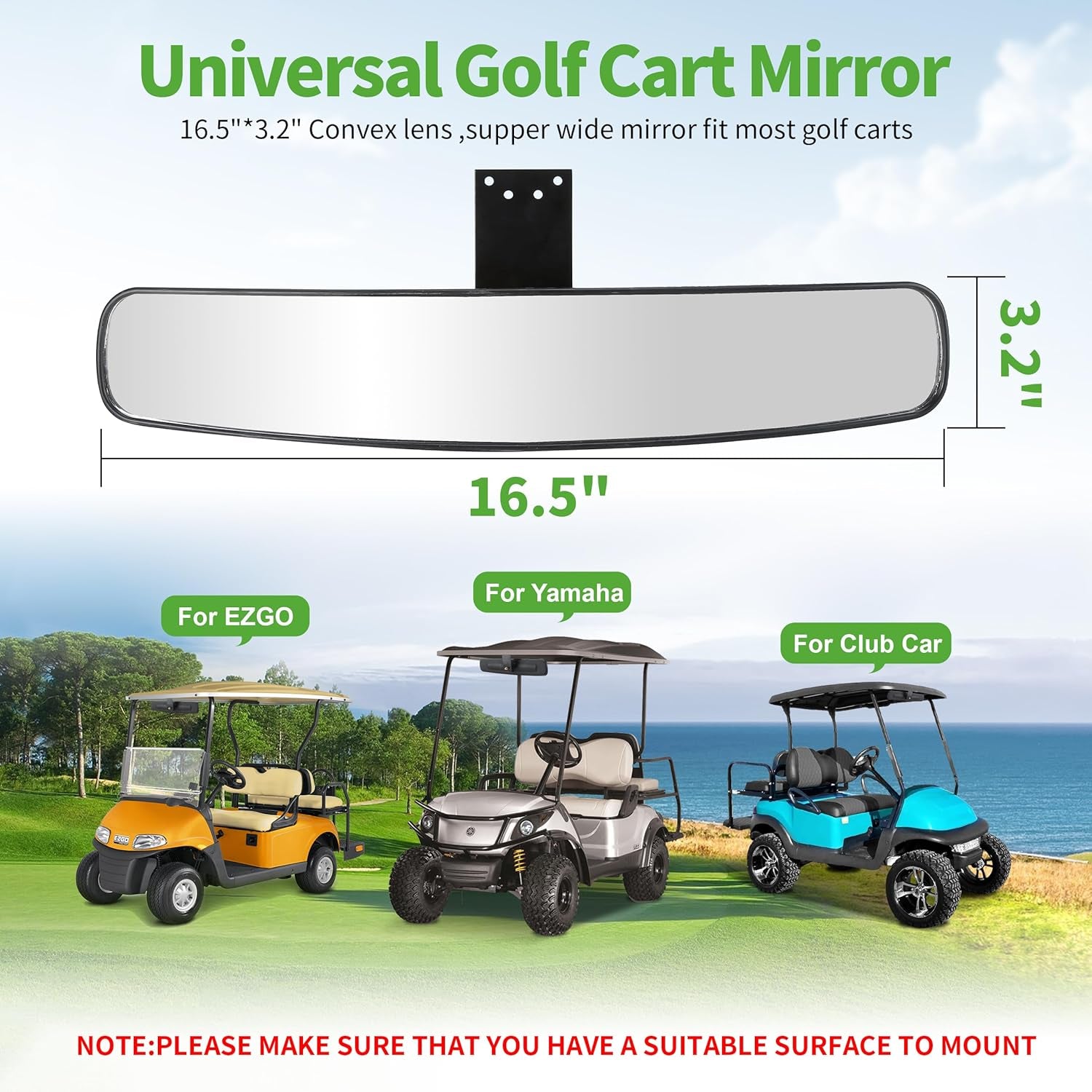 Universal Adjustable Golf Cart Panoramic Rear View Mirror, Rotatable 270 Rotation 16.5"Wide Angle Full Rearview Golf Cart Mirror for EZ Go, Club Car, Yamaha