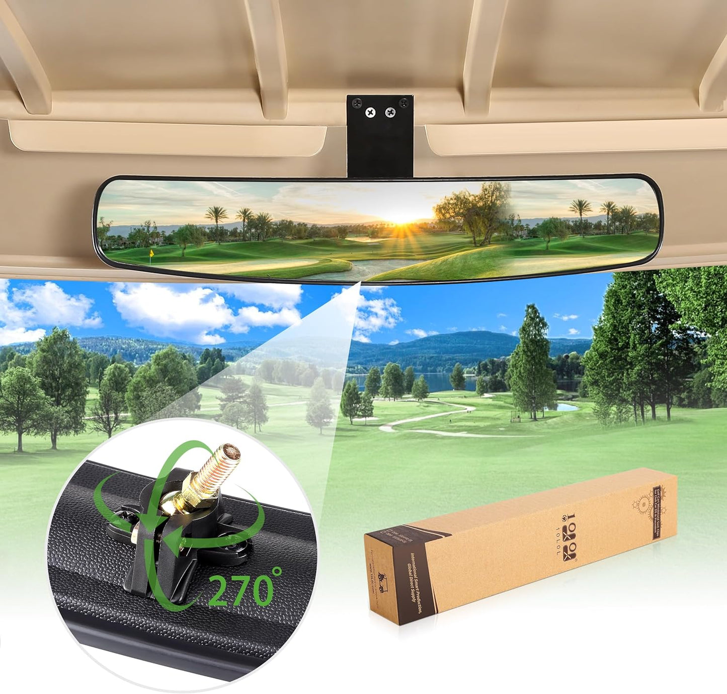 Universal Adjustable Golf Cart Panoramic Rear View Mirror, Rotatable 270 Rotation 16.5"Wide Angle Full Rearview Golf Cart Mirror for EZ Go, Club Car, Yamaha