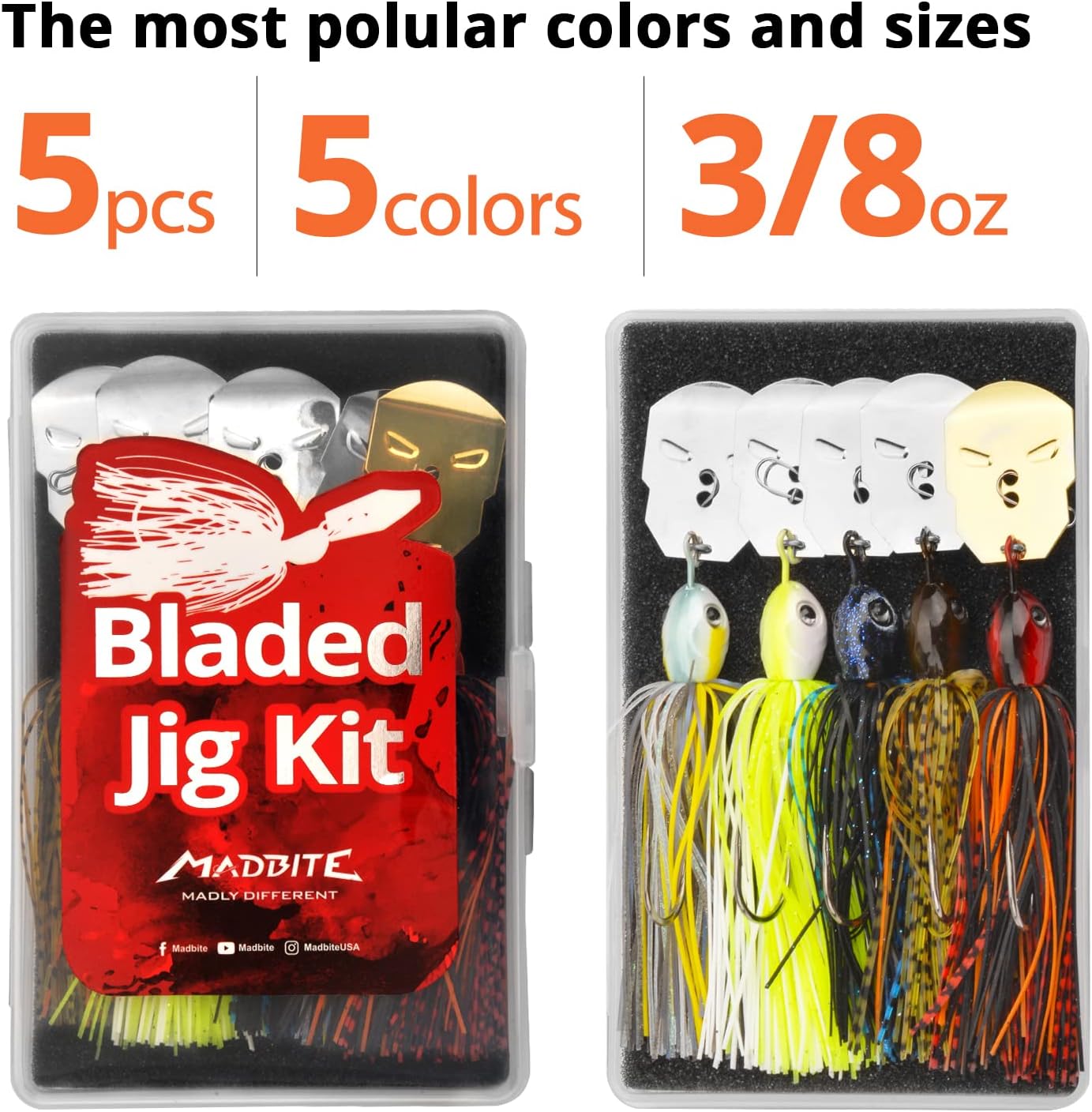 Bladed Jig Fishing Lures, 5 Pc Multi-Color Kits, Irresistible Vibrating Action, Sticky-Sharp Heavy-Wire Needle Point Hooks, Popular 3/8 Oz
