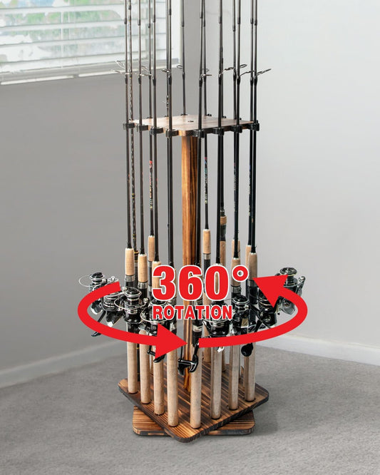 Ghosthorn Fishing Rod Holders for Garage 360 Degree Rotating Fishing Pole Rack, Floor Stand Holds up to 16 Rods Wood Fishing Gear Equipment Storage Organizer