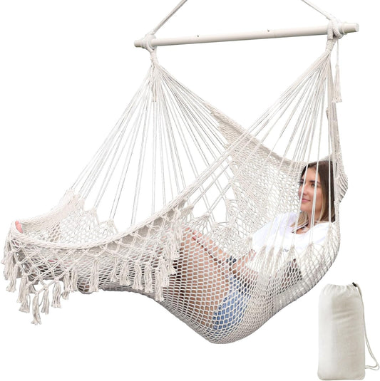 Hammock Chair Super Large Hanging Chair Soft-Spun Cotton Rope Weaving Chair, Collapsible Strong Metal Spreader Bar Wide Seat Lace Stretch Swing Chair Indoor Outdoor Garden Yard Theme Decoration