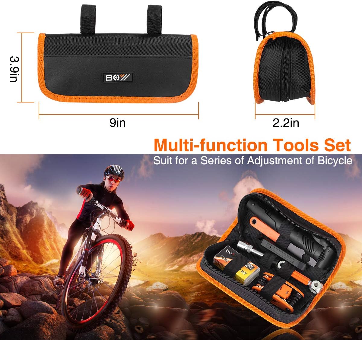 Bicycle Repair Bag & Bicycle Tire Pump, Home Bike Tool Portable Patches Fixes, Inflator, Maintenance for Camping Travel Essentials Tool Bag Bike Repair Tool Kit Safety Emergency All in One Tool