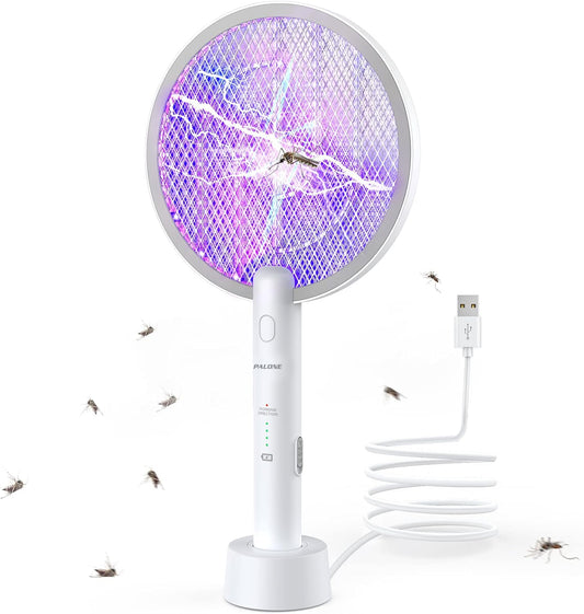 Electric Fly Swatter 3000V Bug Zapper Racket 2 in 1 Fly Swatter with 1200Mah Battery Rechargeable Mosquito Killer Lamp with 3 Layers Safety Mesh for Indoor and Outdoor