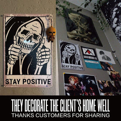 Vintage Stay Positive Skull Sign Metal Tin Sign Wall Décor Funny - Retro Sign for Home Living Room Bedroom Decor Gifts - 8X12 Inch