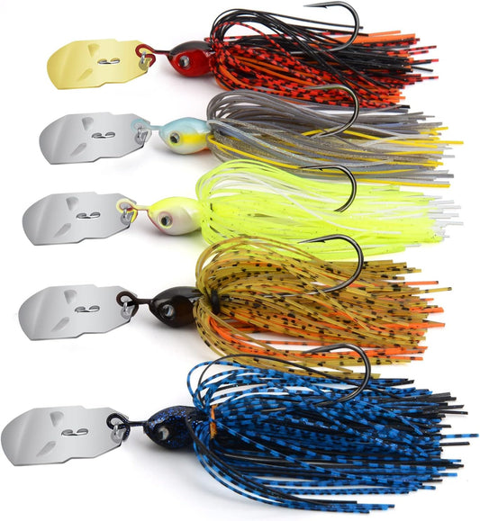 Bladed Jig Fishing Lures, 5 Pc Multi-Color Kits, Irresistible Vibrating Action, Sticky-Sharp Heavy-Wire Needle Point Hooks, Popular 3/8 Oz
