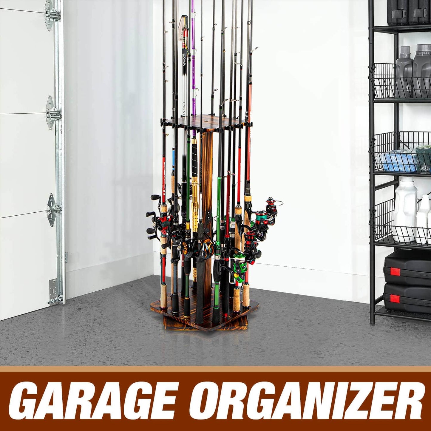 Ghosthorn Fishing Rod Holders for Garage 360 Degree Rotating Fishing Pole Rack, Floor Stand Holds up to 16 Rods Wood Fishing Gear Equipment Storage Organizer