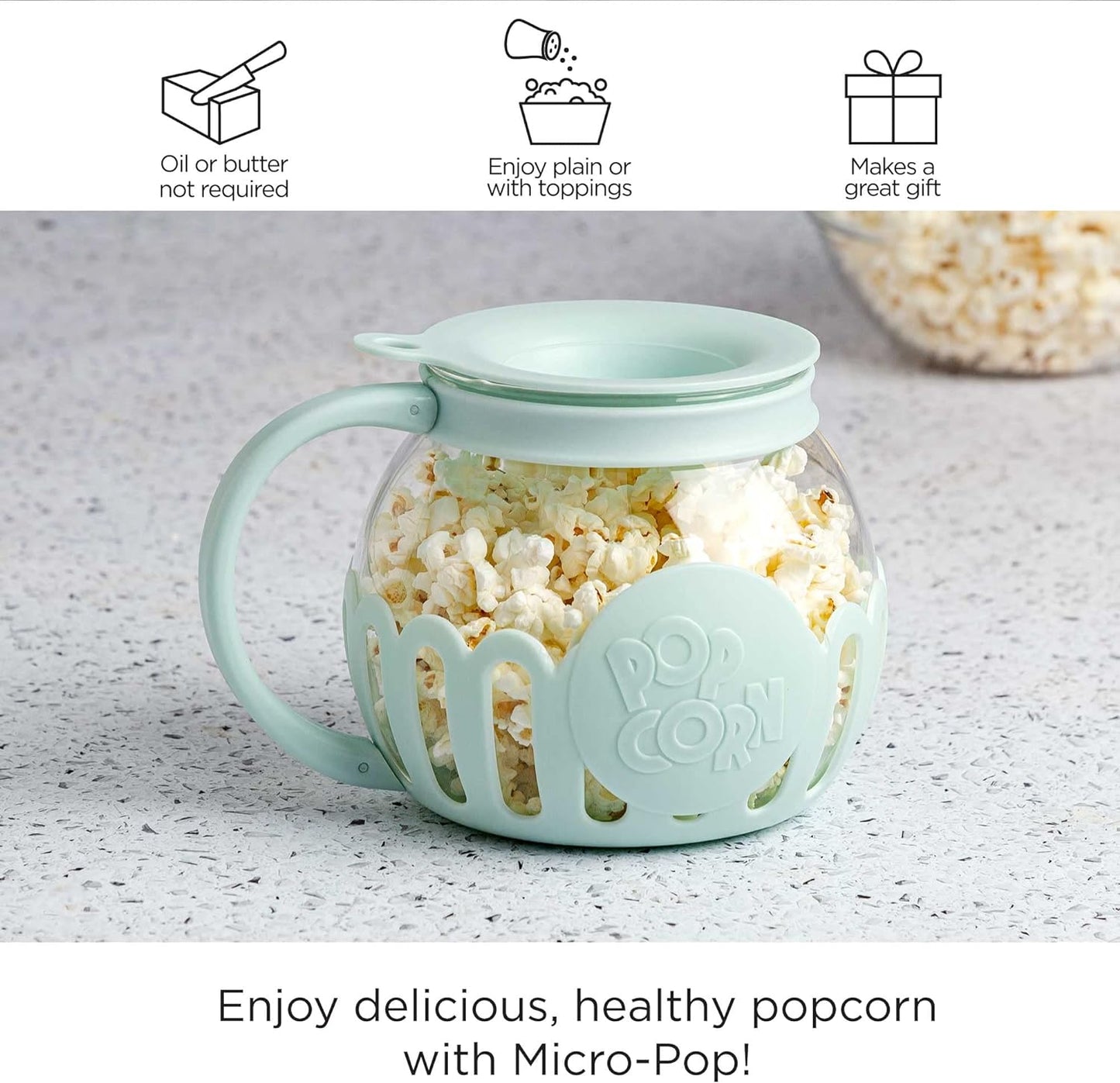 Micro-Pop Microwave Popcorn Popper with Temperature Safe Glass, 3-In-1 Lid Measures Kernels and Melts Butter, Made without BPA, Dishwasher Safe, 1.5-Quart, Aqua