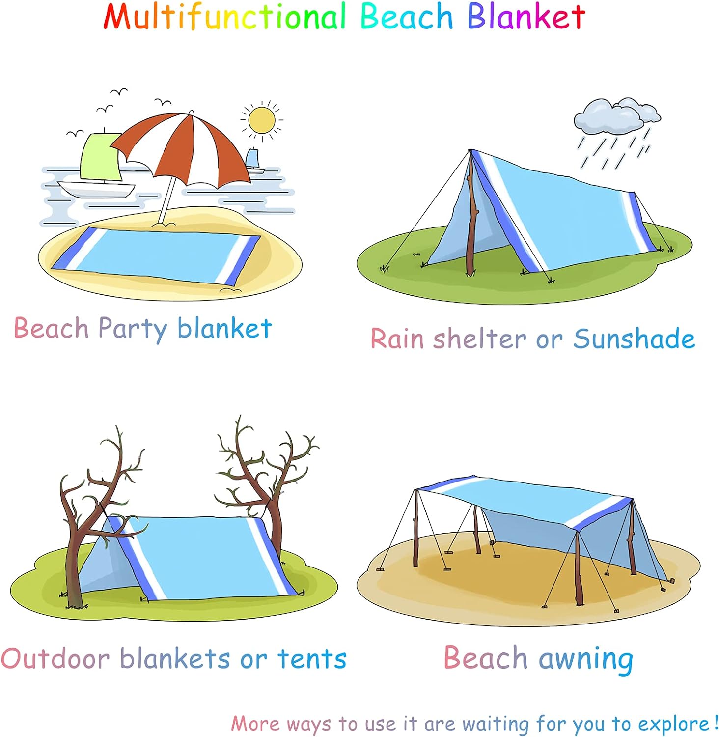 Beach Blanket 78''×81'' 4-7 Adults Oversized Lightweight Waterproof Sandproof Large Picnic Mat for Travel Camping Hiking Picnic(78" X 81", Blue-Mixed)