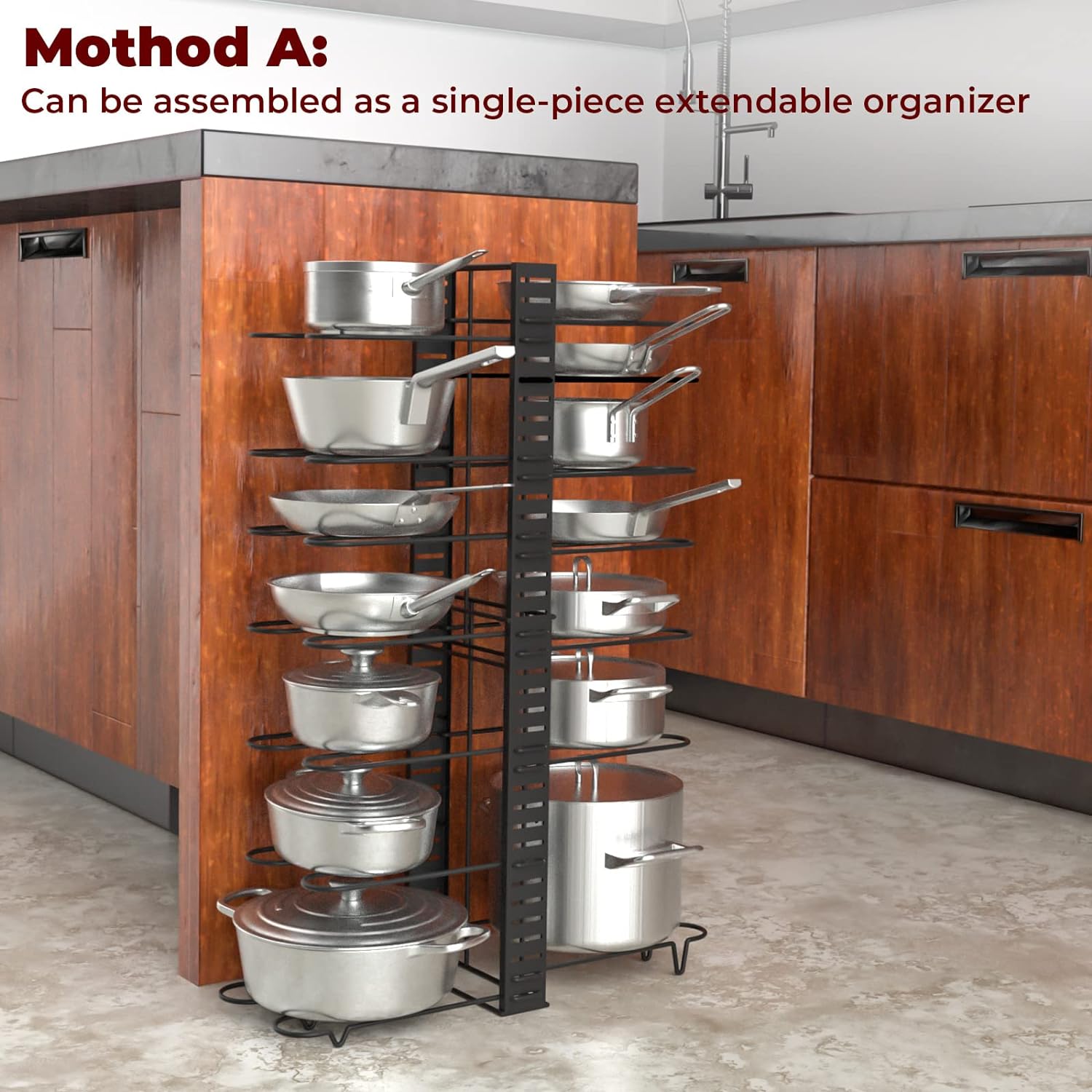 Vdomus Expandable Rack for Under Cabinet with 4 DIY Storage Positions - Pan Organizer Rack - Pull Out Cabinet with Adjustable Length - Pot Stacker Up to 13 Pans or Pot & Lids - Black Metal