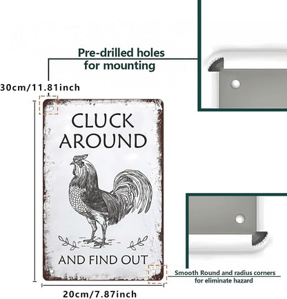 Funny Chicken Sign - 'Cluck around and Find Out' - Vintage Metal Tin Plaque for Wall Decor in Bars, Pubs, Man Caves, and More - Novelty Retro Design for Cafes, Garages, and Bathrooms - 12X8 Inch