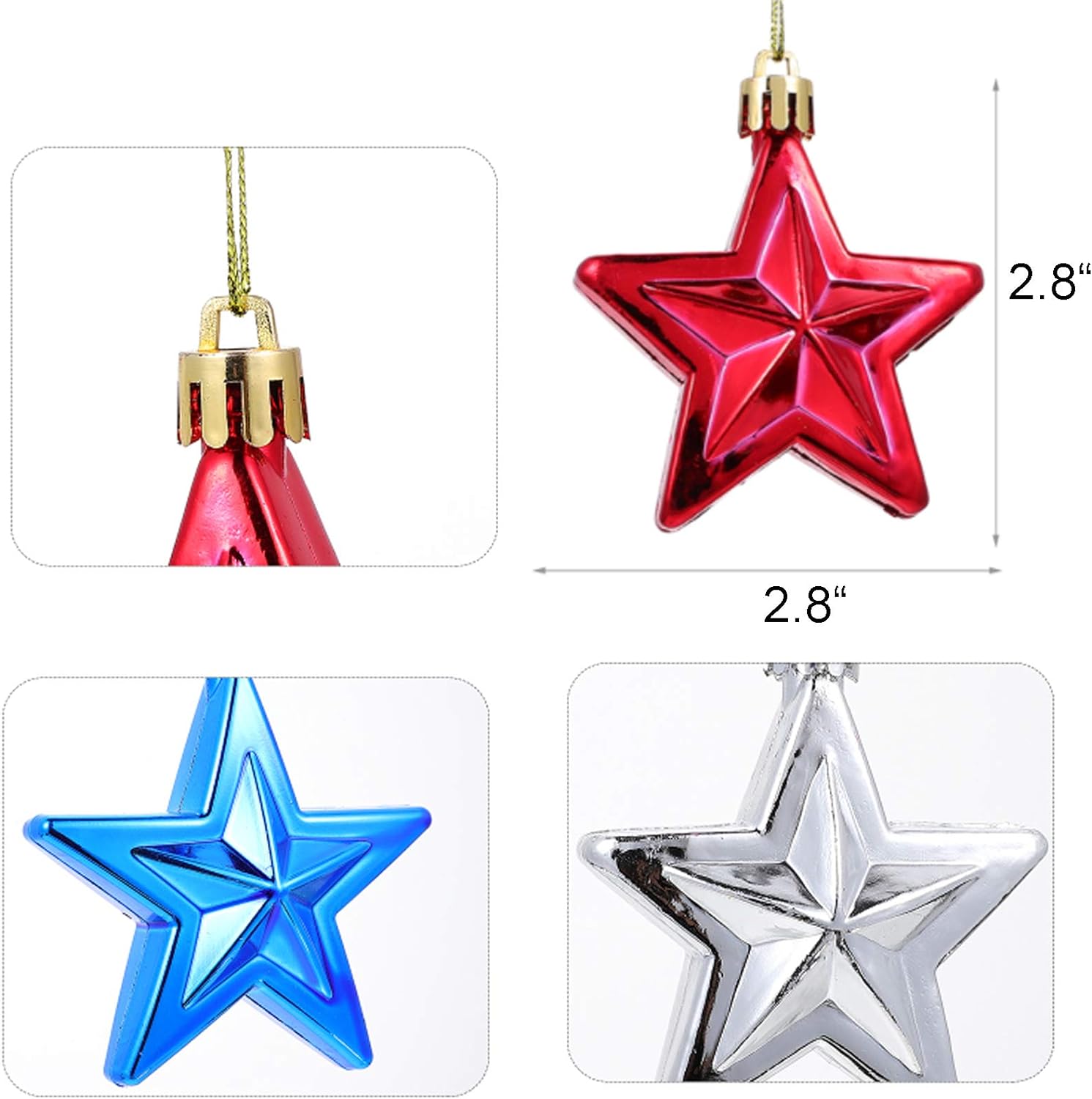 24Pcs 4Th of July Star Ornaments for Tree - Independence Day Star Hanging Ornaments Blue Red Mini Tree Ornaments for Independence Day Labor Day Tree Decor