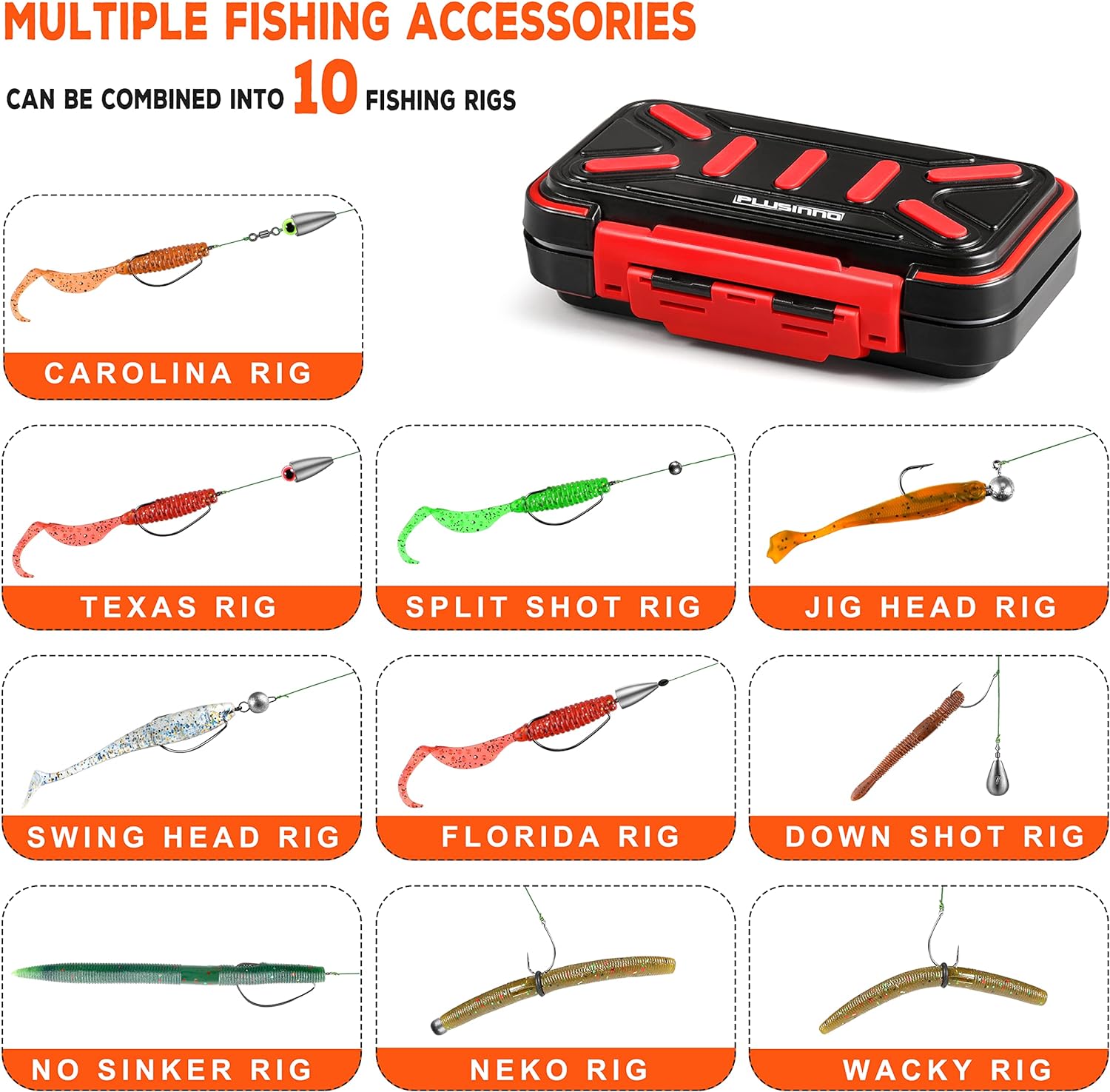 PLUSINNO 264/397pcs Fishing Accessories Kit, Organized Fishing Tackle Box with Tackle Included, Fishing Hooks, Fishing Weights Sinkers, Swivels, Beads, Fishing Gear Set Equipment
