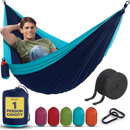 Durable Hammock 400 Lb Capacity - Lightweight Nylon Camping Hammock - Medium W/Tree Straps and Attached Carry Bag - Portable for Travel/Backpacking/ (Navy, Medium)