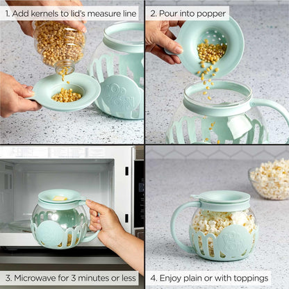 Micro-Pop Microwave Popcorn Popper with Temperature Safe Glass, 3-In-1 Lid Measures Kernels and Melts Butter, Made without BPA, Dishwasher Safe, 1.5-Quart, Aqua