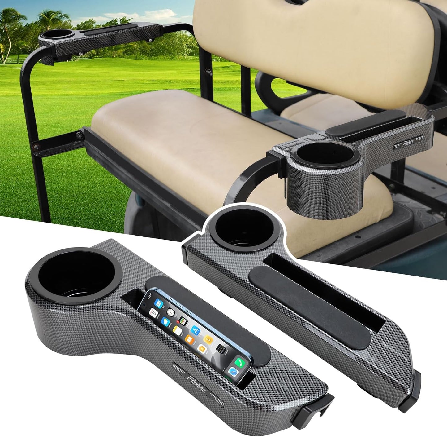 Golf Cart Armrest with Cup Holder/Rear Seat Arm Rests Fit for Ezgo/Club Car/Yamaha & Most Golf Cart, Upgrade 3Rd Gen - with Phone Holder, No Drilling Required, Fit 1.0"/1-1/4" Square Tube Frame