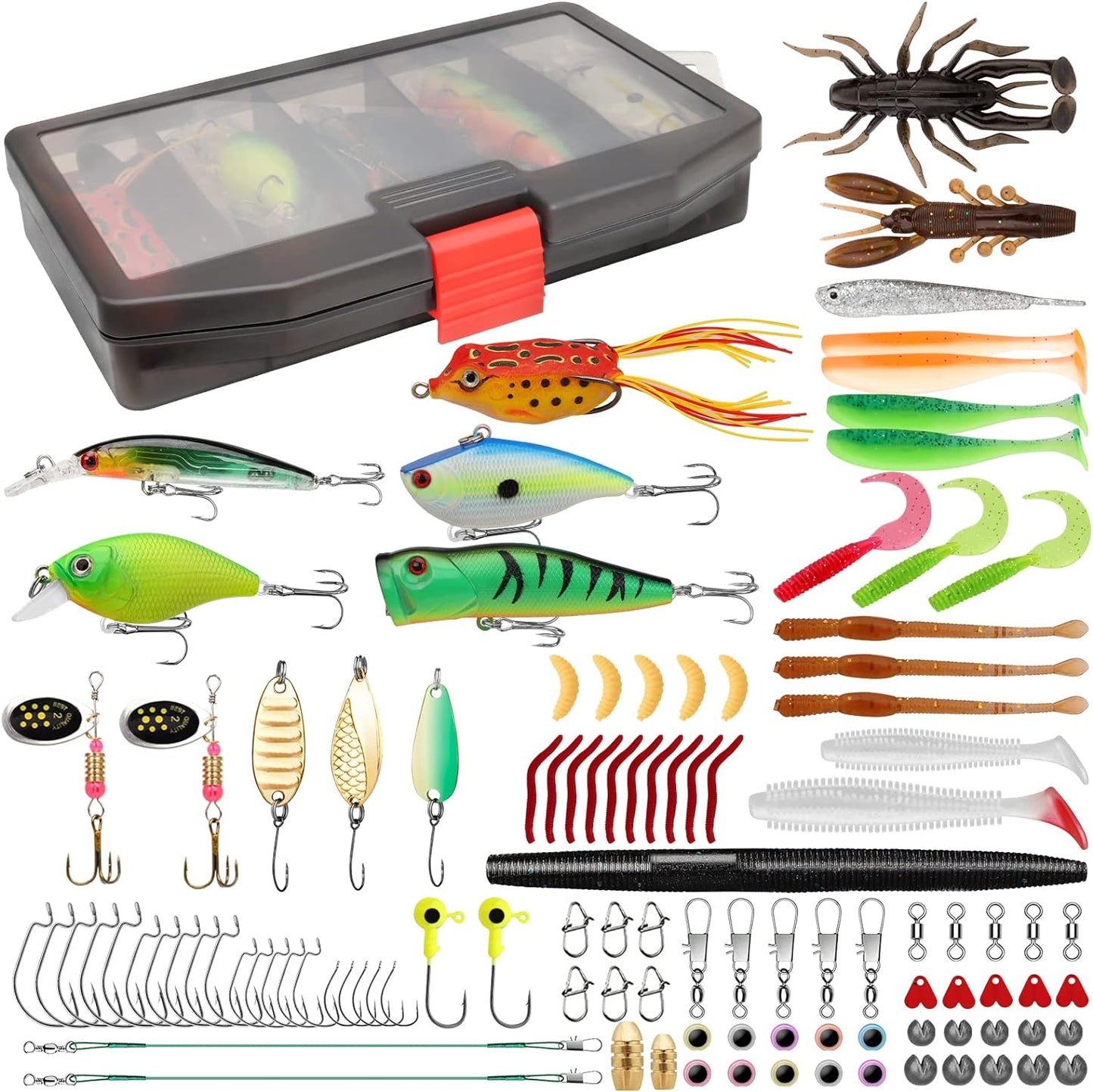 TRUSCEND Fishing Lures Accessories Kit with Tackle Box - Fishing Hooks Minnow Crankbait Frog Popper Lure Worm Fishing Spoon Spinner Bait - Jig Head Fishing Weights Sinkers