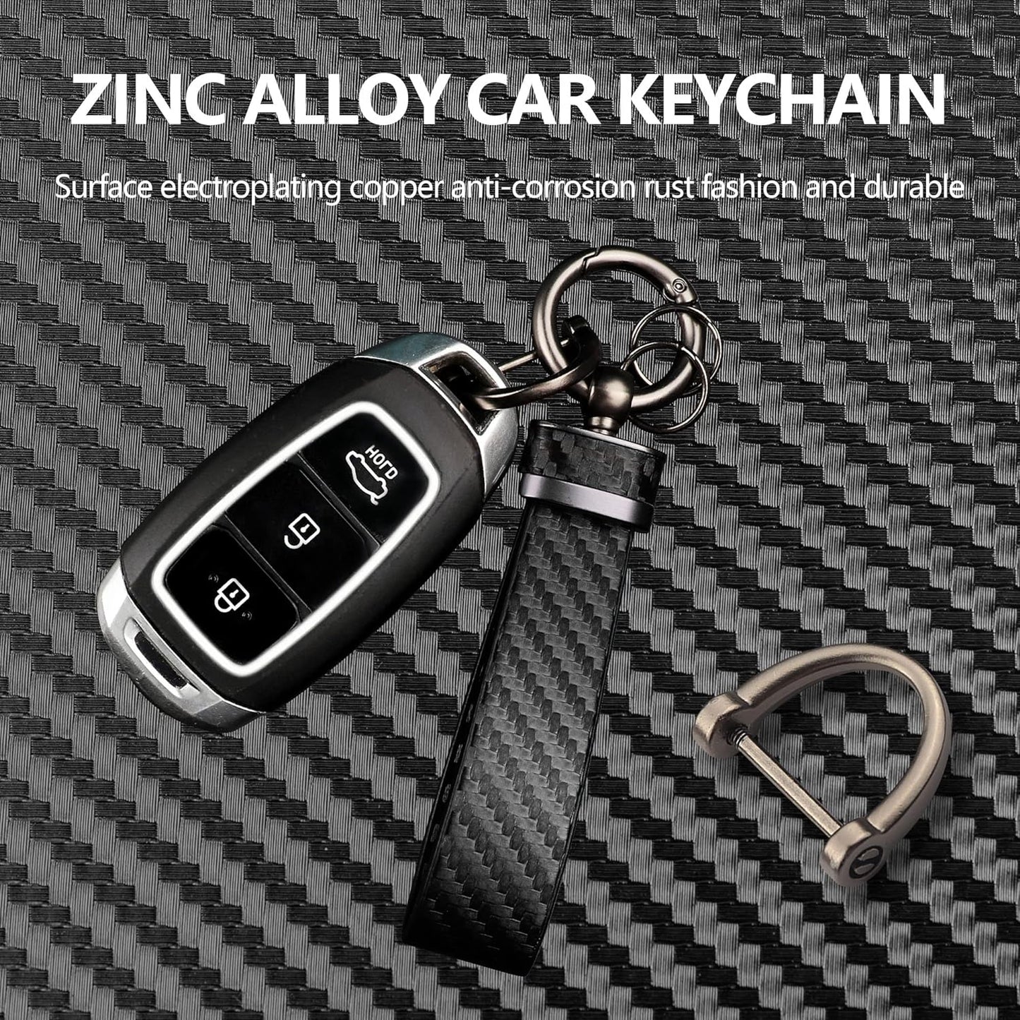 Leather Car Keychain - Carbon Fiber Interior Key Fob with Anti-Lost D-Ring - Car Accessory Key Ring (Black)