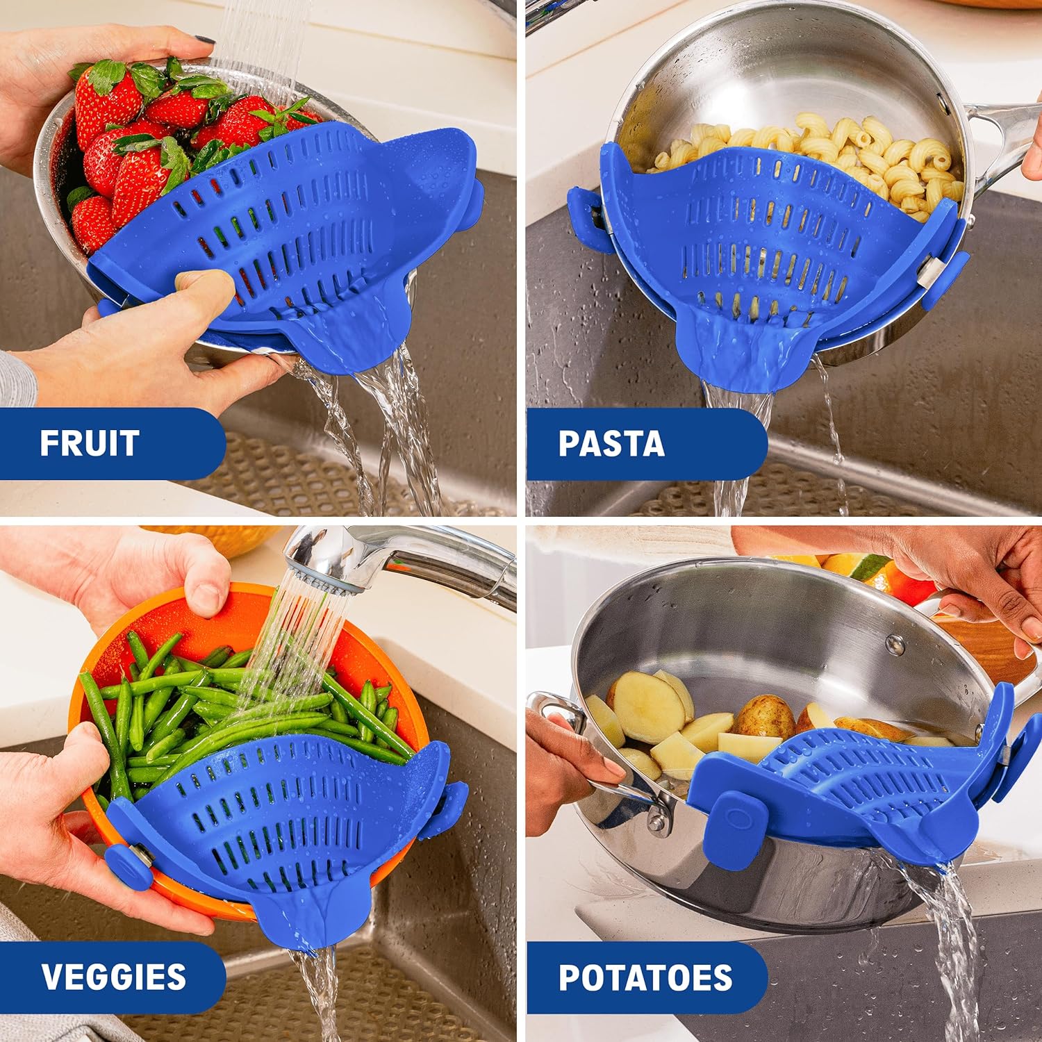 Snap N' Strain - Silicone Clip-On Colander, Heat Resistant Drainer for Vegetables and Pasta Noodles, Kitchen Gadgets for Bowl, Pots, and Pans - Essential Home Cooking Tools - Blue