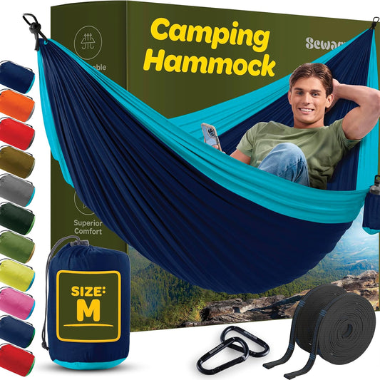 Durable Hammock 400 Lb Capacity - Lightweight Nylon Camping Hammock - Medium W/Tree Straps and Attached Carry Bag - Portable for Travel/Backpacking/ (Navy, Medium)