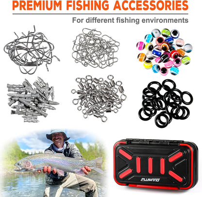 PLUSINNO 264/397pcs Fishing Accessories Kit, Organized Fishing Tackle Box with Tackle Included, Fishing Hooks, Fishing Weights Sinkers, Swivels, Beads, Fishing Gear Set Equipment