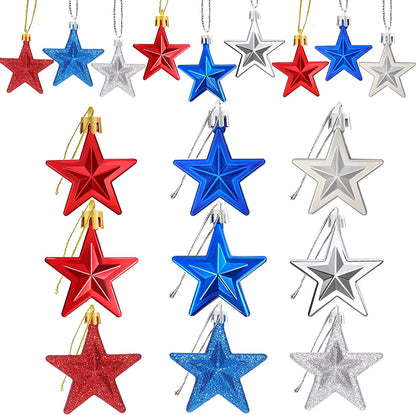 36Pcs Patriotic Star Ornaments Memorial Day Independence Day Labor Day Veterans Day Decorations for Home Party Tree Decor, Blue Red and Silver