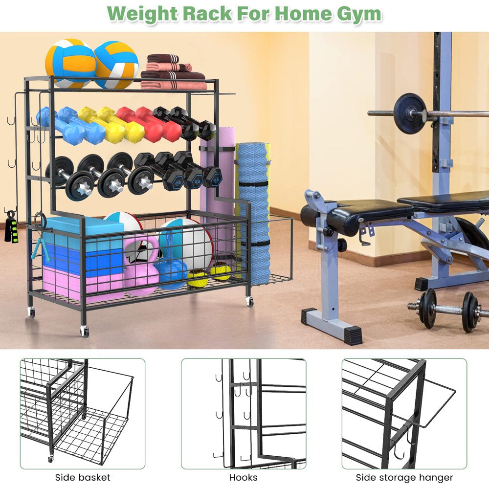 Dumbbell Rack, Weight Rack for Dumbbells, Home Gym Storage for Dumbbells Kettlebells Yoga Mat and Balls Workout Equipment Storage Organizer with Hooks and Wheels