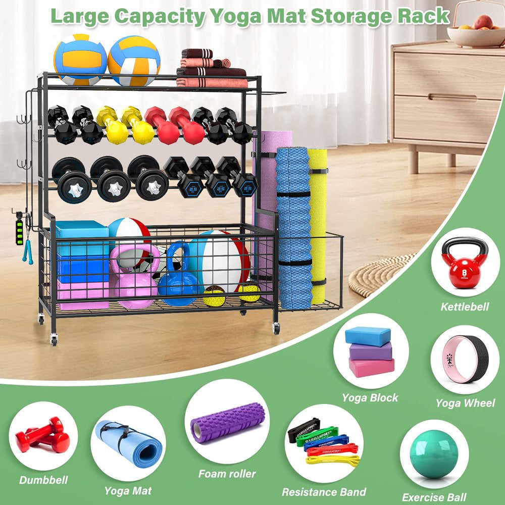 Dumbbell Rack, Weight Rack for Dumbbells, Home Gym Storage for Dumbbells Kettlebells Yoga Mat and Balls Workout Equipment Storage Organizer with Hooks and Wheels